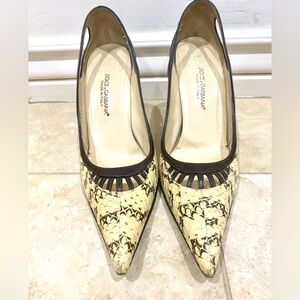 Size 6.5 Dolce & Gabbana heels. Brown with cream aligator. Pointy heel.